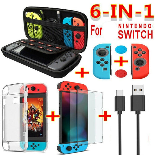 6 in 1 game accessory set Black red blue For Nintend Switch Travel Carrying Bag Screen Protector Case Charging Cable