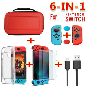 6 in 1 game accessory set Black red blue For Nintend Switch Travel Carrying Bag Screen Protector Case Charging Cable